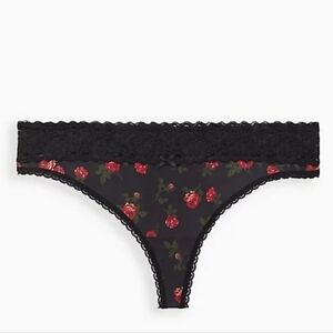 WIDE LACE TRIM THONG PANTY - COTTON ROSES BLACK